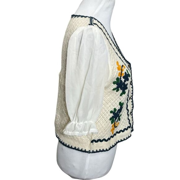 Knit Crochet Button Blouse Women’s XS White Puff Sleeve Embroidered Cottagecore - Picture 5 of 10